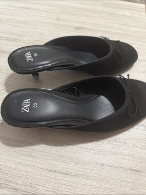 Zara Black Kitten Heel Mules with Bow Detail